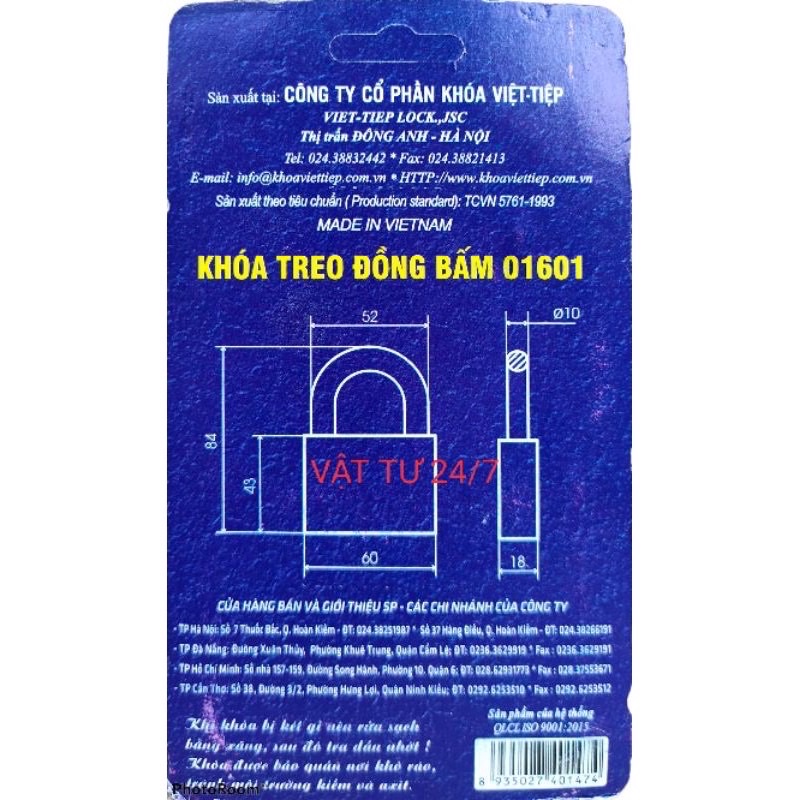 Ổ Khoá Treo Đồng Thau Bấm Việt Tiệp Khoá Cửa Khoá Xe 60mm