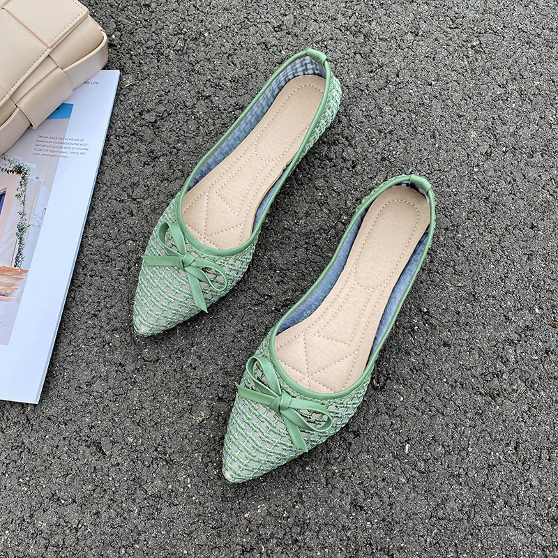 Giày búp bê mũi nhọn đế chống trượt đính nơ thời trang Hàn Quốc cho nữ