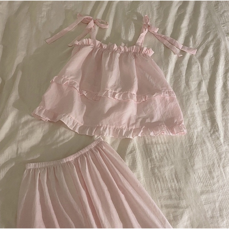 Đồ Ngủ_ Đồ Bộ Nữ Mặc Nhà Chất Mát 2 Dây Thắt Nơ Viền Bèo Quảng Châu