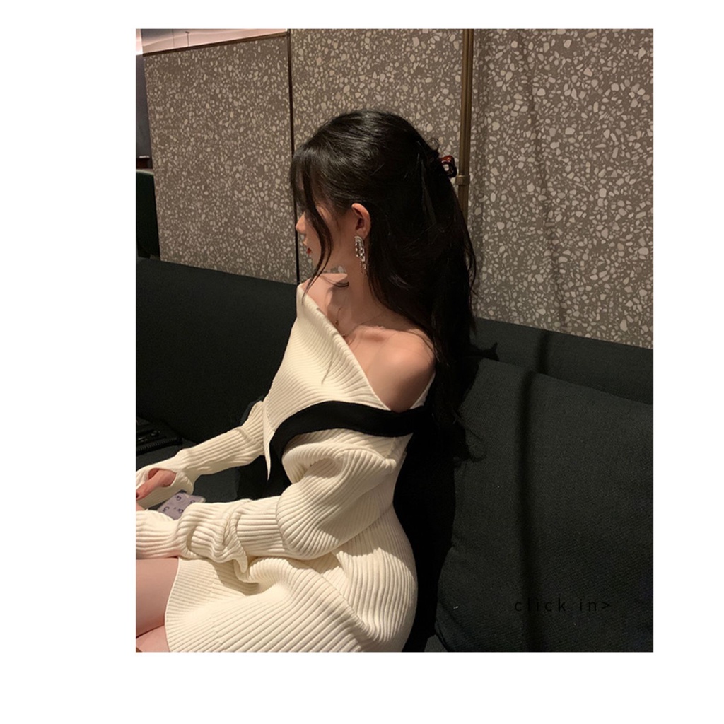 Đầm ôm body trễ vai đổ 1 bên len dệt kim khí chất thanh lịch