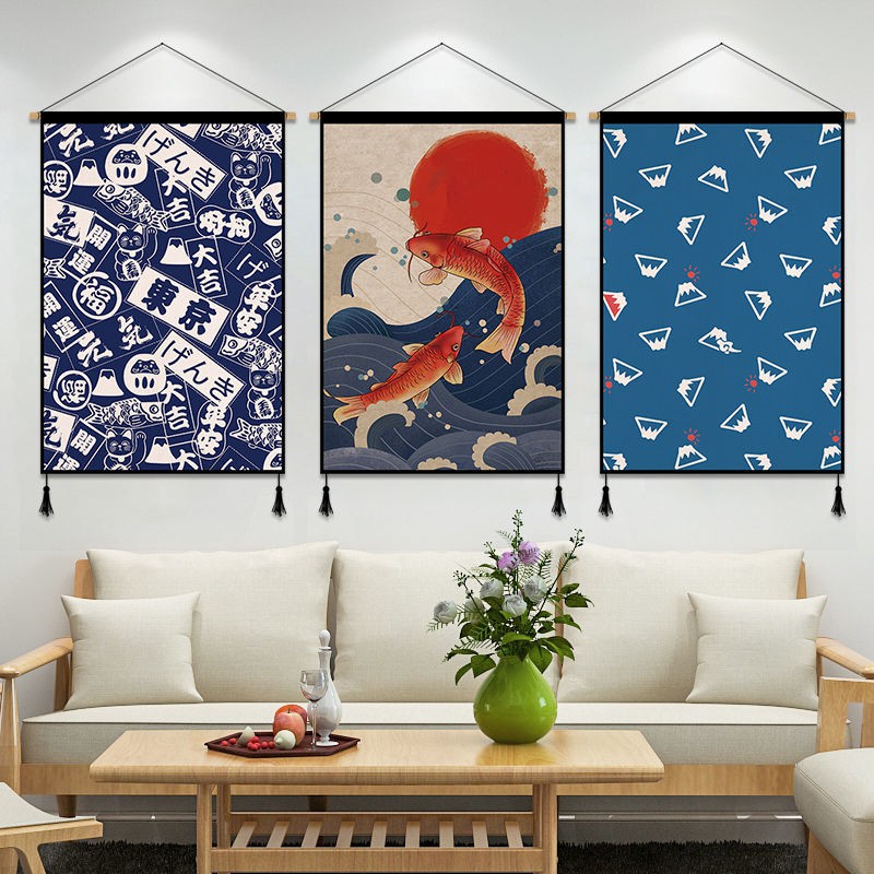 Phong cách Nhật Bản Ukiyo-e vải nghệ thuật treo tranh nền tường trang trí phòng ăn hộp đồng hồ che thảm <