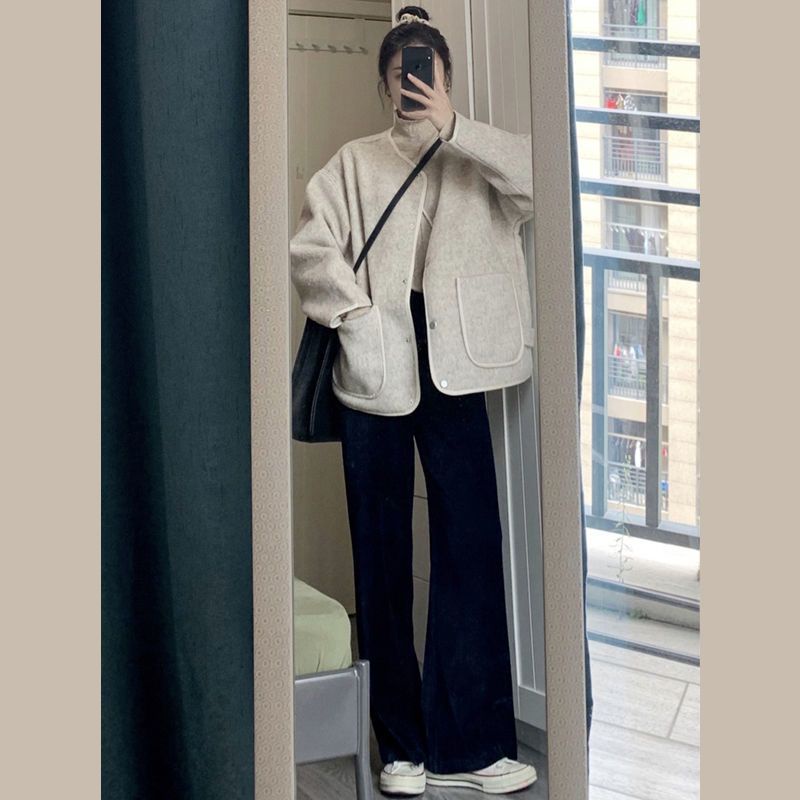 Còn 1 áo size M| Áo khoác dạ tweed cổ tròn màu be túi vuông 2 bên