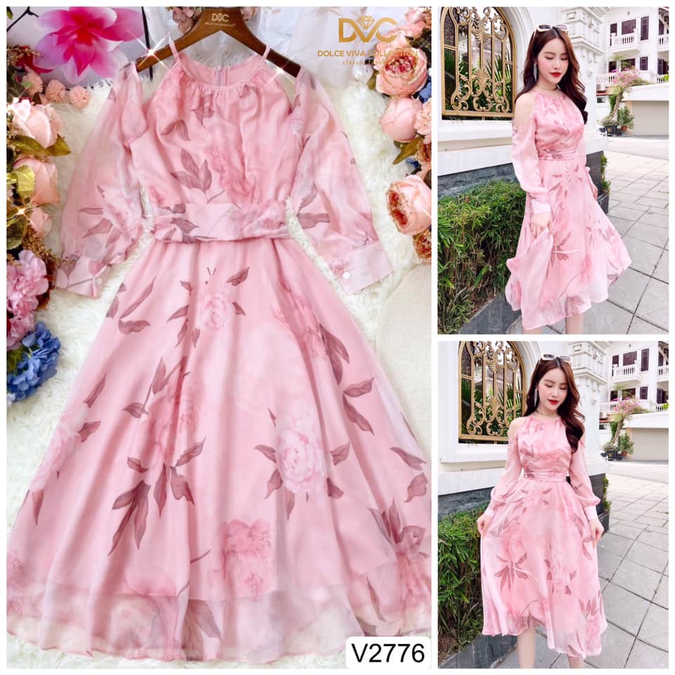 Váy voan hồng dáng xòe khoét tay cổ yếm siêu xinh V2776