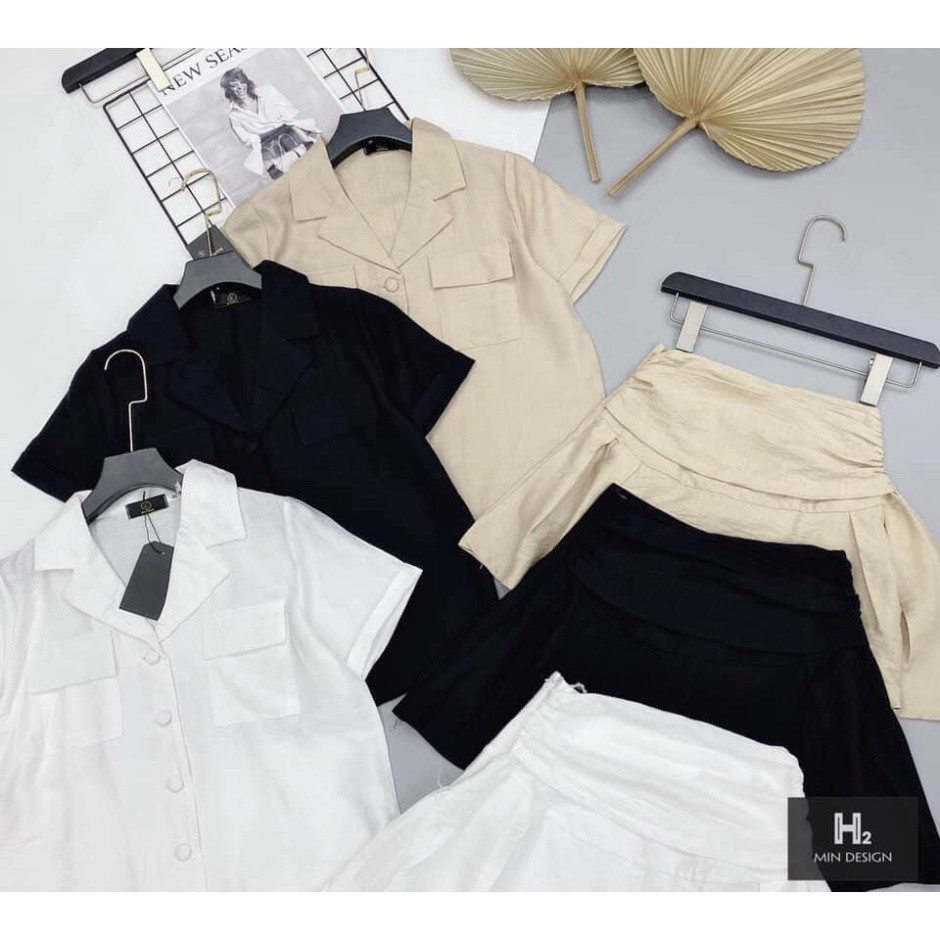 Áo sơ mi cổ vest kèm chân váy ngắn cách điệu Vải đũi thái siêu cao cấp - áo vest cộc tay ulzzang xiao chất đẹp