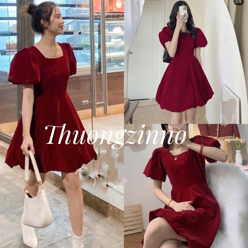 [Ảnh thật/Video] VÁY NHUNG BỒNG CỔ VUÔNG DỰ TIỆC SANG CHẢNH