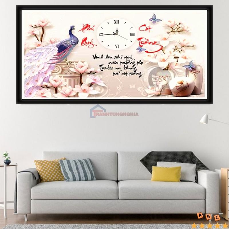 Tranh đính đá, tranh thêu chữ thập đồng hồ công phú quý cát tường