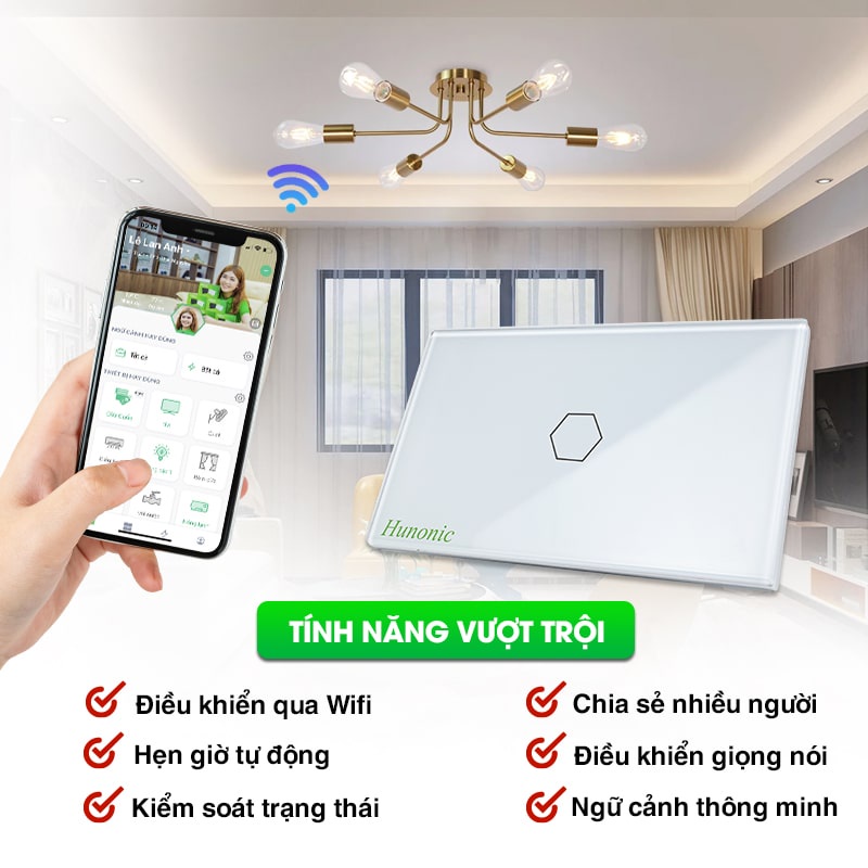Công Tắc Thông Minh Cảm Ứng Wifi Âm Tường Hunonic Điều Khiển Mọi Thiết Bị Từ Xa Qua Điện Thoại, 2 Màu Đen Trắng
