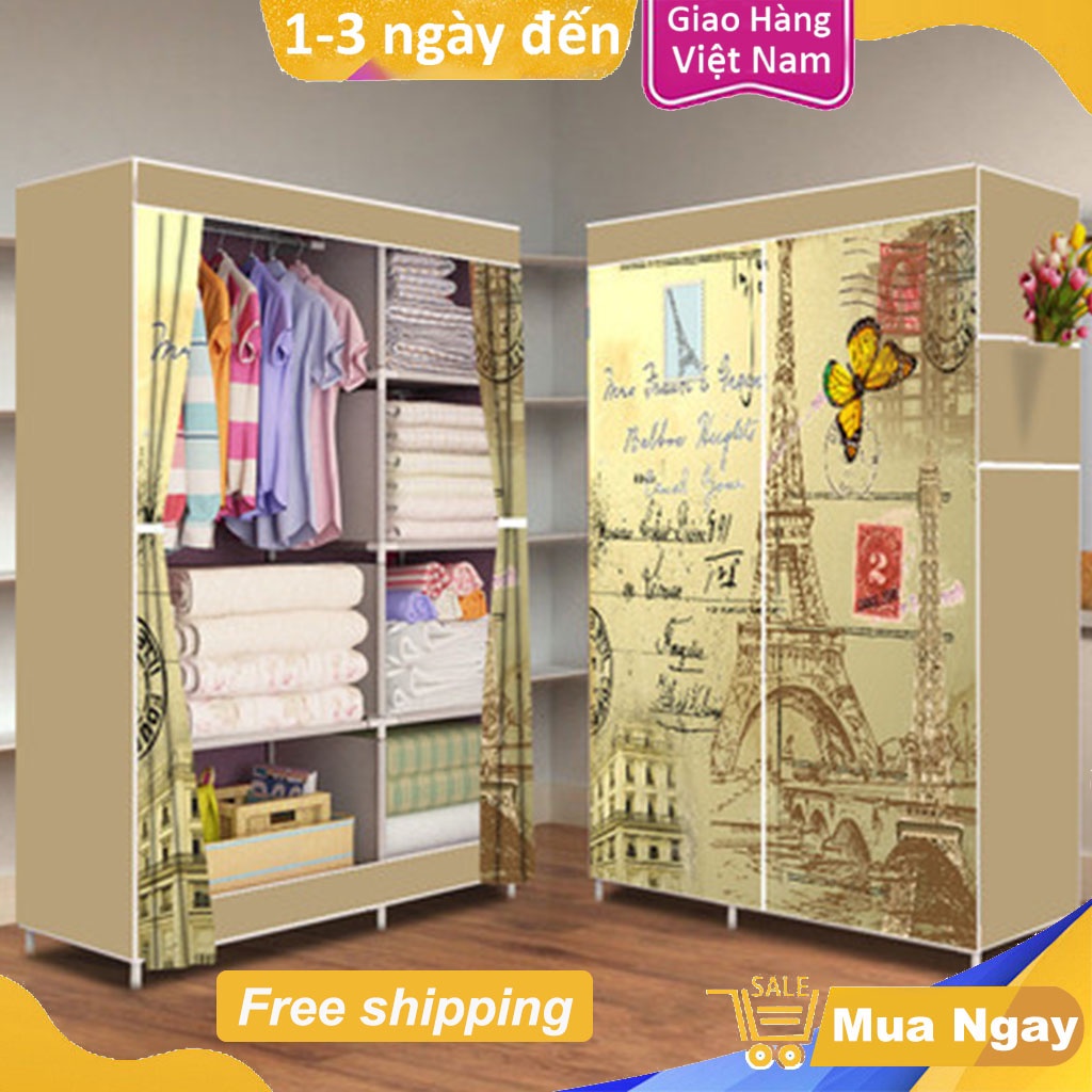 Tủ Đựng Quần Áo Tủ Vải 3D Khung Thép 2 Buồng Chắc Chắn, Đựng Được Nhiều Đồ Chống Bụi, Chống Côn Trùng