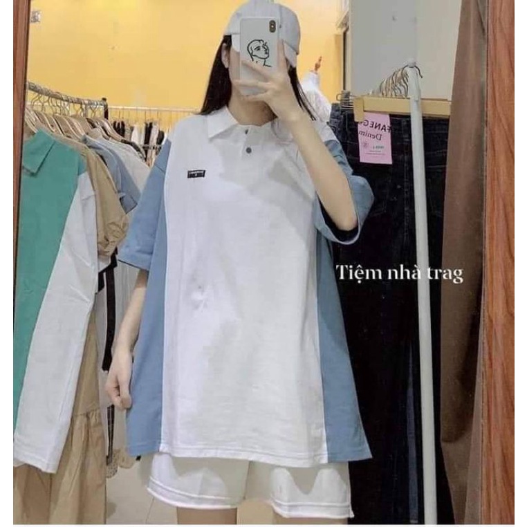 Áo POLO PHỐI IN LOGO NGỰC unisex form rộng tay lỡ, áo đơn, đôi, nhóm hot trend .Donnafashion
