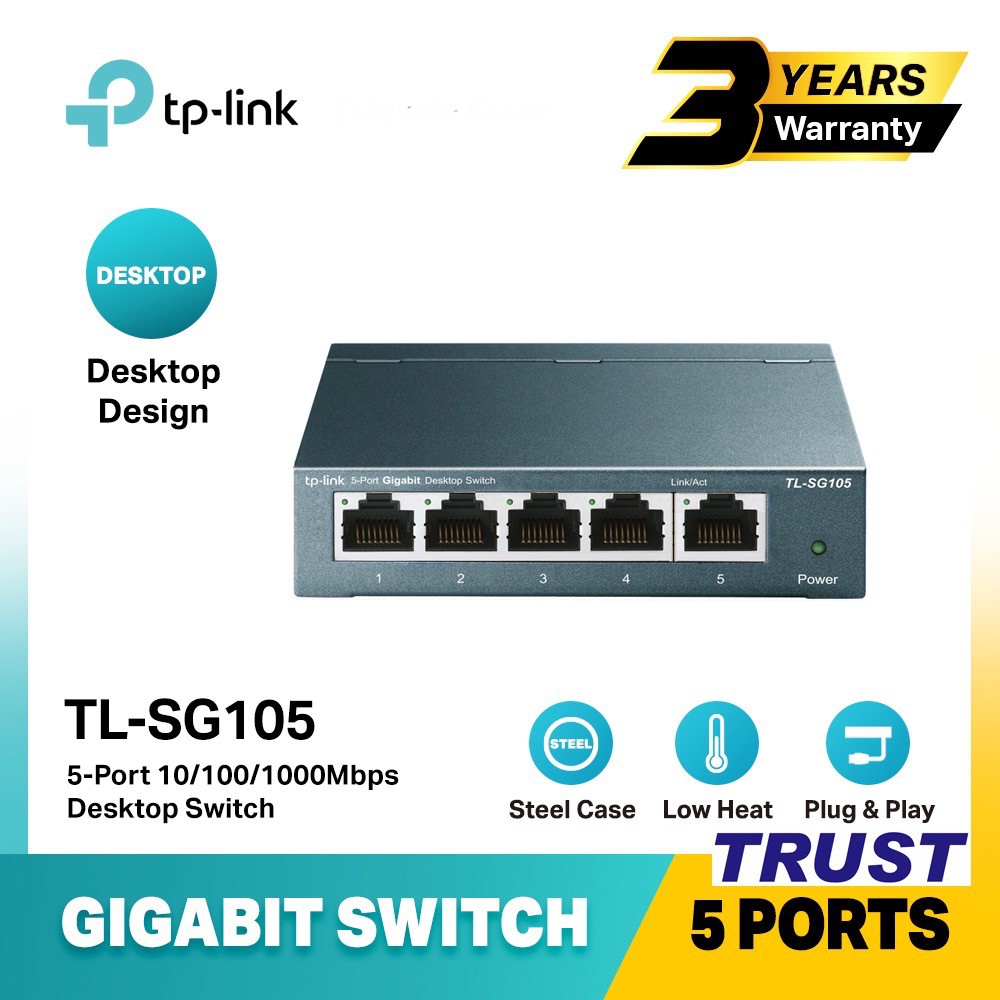 TP-Link Gigabit Vỏ thép Bộ chia mạng Switch  5 cổng RJ45 Tăng tốc máy chủ - TL-SG105 - Hàng Chính Hãng