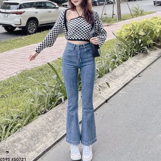 Quần jean ống loe form dài lưng cao co dãn nhẹ - leda