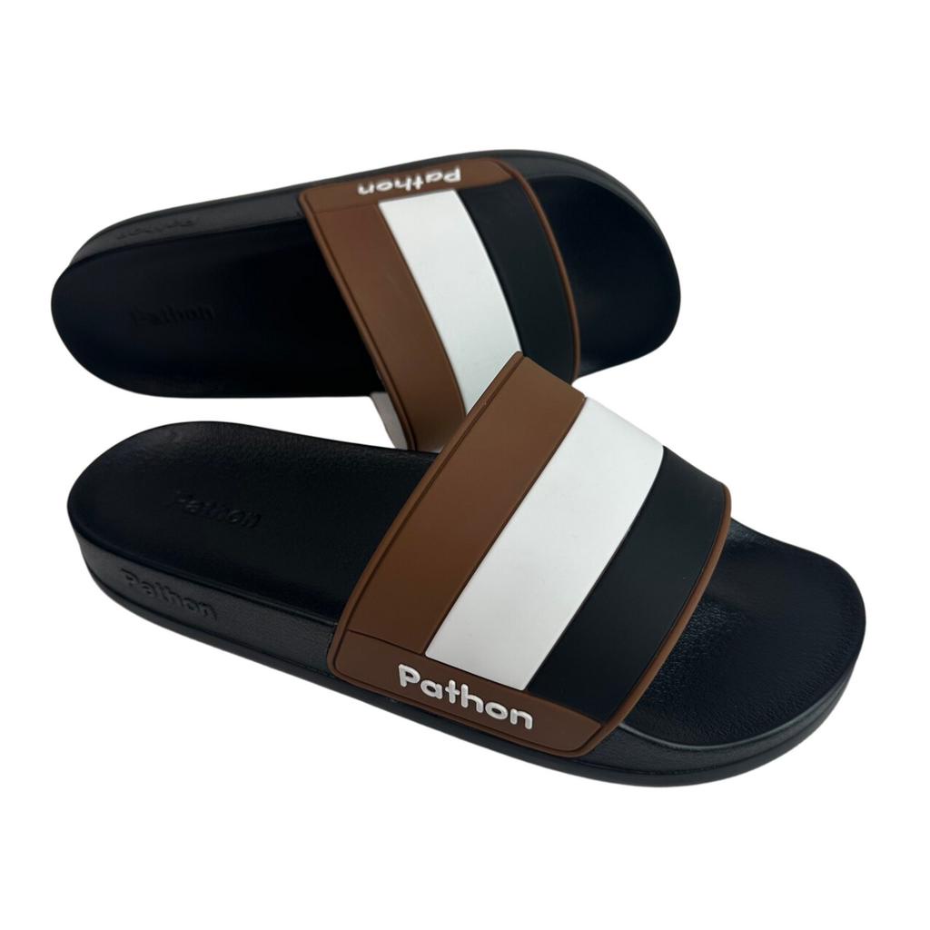 Dép nam nữ quai ngang slipper Pathon quai PVC và đế PU đen quai phối xọc đen nâu lớn SD121