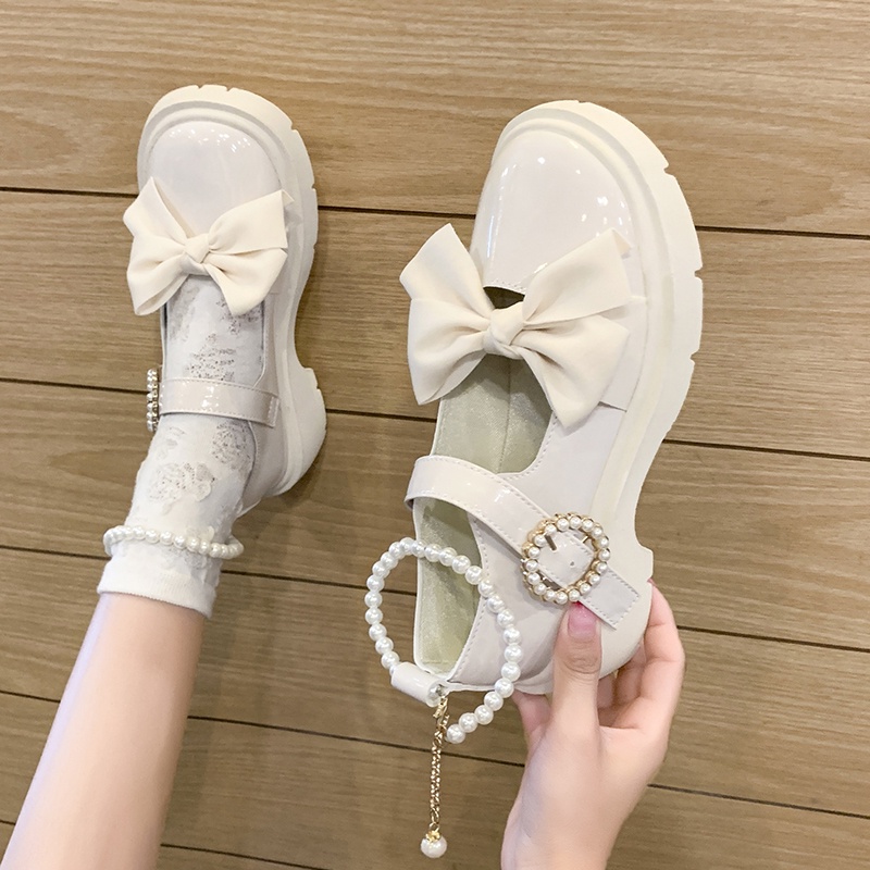 Giày Búp Bê Da Bóng Mũi Tròn to Đính Tua Rua Phối Dây Xích Kim Loại Kiểu Lolita Dễ Thương Cho Nữ