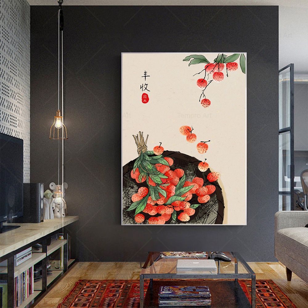 Tranh Vải Bạt Treo Tường In Hình Trái Cherry / Lựu Đỏ Phong Cách Trung Hoa Trang Trí Nhà Cửa