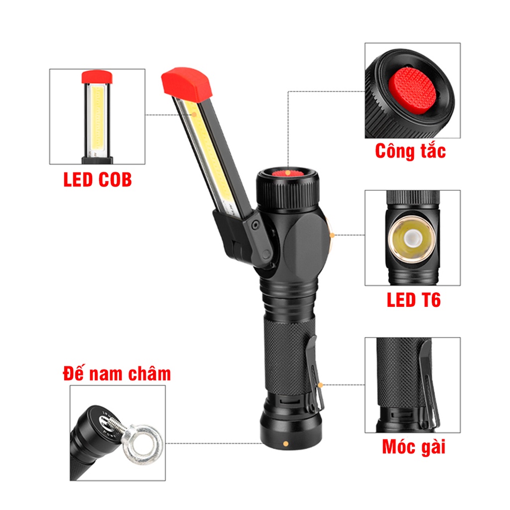 Đèn Pin LED COB + T6 Dùng Pin 18650 Sạc Pin Đa Năng, Đế Nam Châm W550