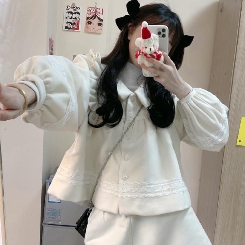 Set bộ dạ trắng mùa đông ấm áp dễ thương kèm ảnh thật ☁️