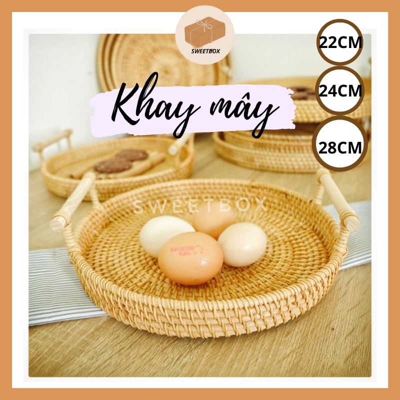 Khay Trà Mây Tròn Có Tay Cầm Đựng Bánh Trái Decor - Dĩa Mây Tròn Nhiều Size - Khay Mây Guột Hàng Thủ Công Trang Trí