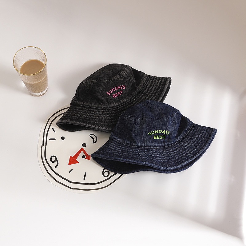 Nón Vành Denim Thêu Chữ Phong Cách Harajuku Nhật Bản Cho Trẻ Em