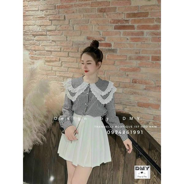 Áo sơ mi trắng và kẻ cổ viền ren 2 tầng bèo tiểu thư gs110
