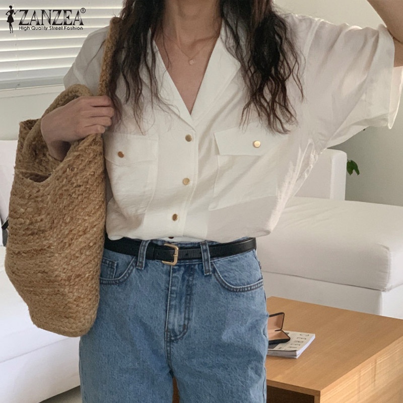 Áo sơ mi tay lửng ZANZEA dáng rộng cài nút thời trang dành cho nữ