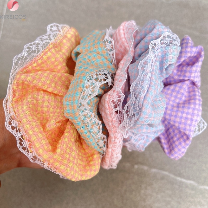 Dây Cột Tóc Co Giãn Phối Họa Tiết Caro Ren Thời Trang Hè Thu Phong Cách Pháp Xinh Xắn