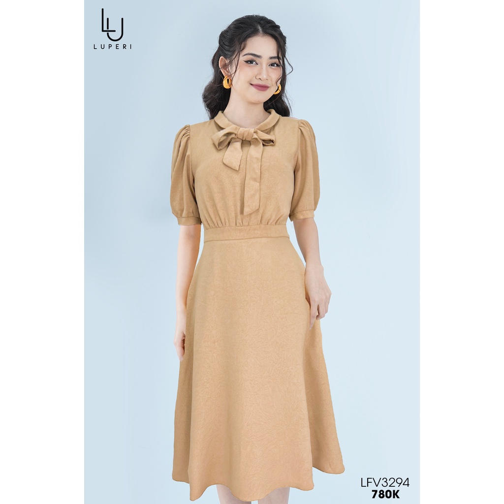 Váy Đầm Thiết kế Luperi LFV3294 Cổ Phối Nơ Dáng Xòe
