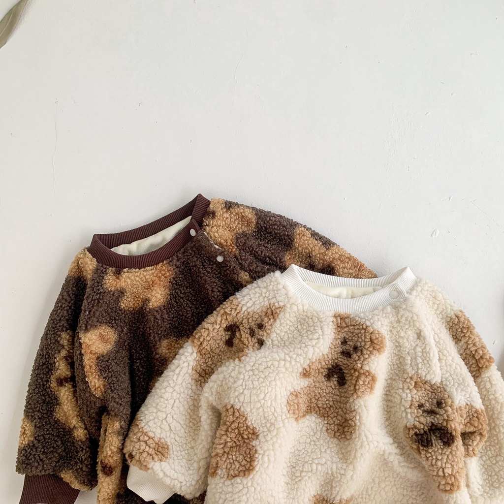 Áo liền quần tay dài in hình gấu hoạt hình dễ thương thời trang cho bé trai bé gái 0-24 tháng tuổi