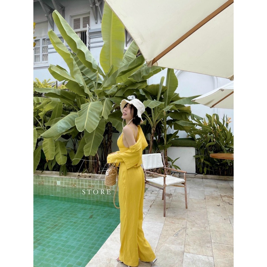 Set 3 Món Đũi Quần Suông Phối Áo 2 Dây Ngắn Kèm Áo Sơ Mi Kiểu Croptop Tay Dài