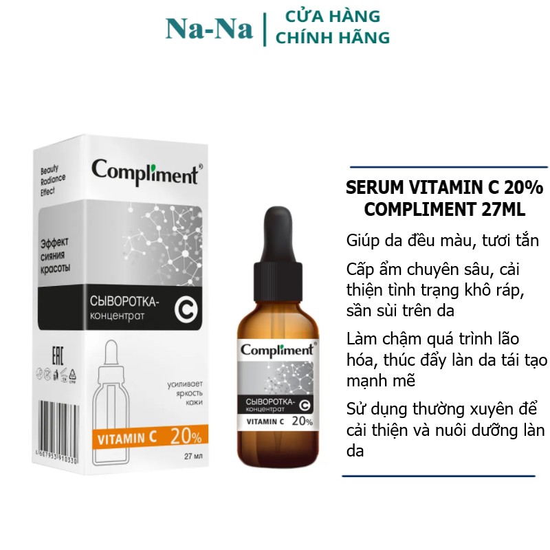 Serum Vitamin C 20% Compliment giúp da sáng mịn, đều màu, giảm thâm, ngăn ngừa lão hoá