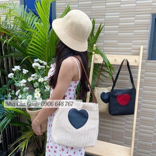 Set nón ulzzang trơn, túi tote tim dây da