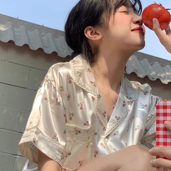 Bộ đồ ngủ vải lụa họa tiết hoa thời trang mùa hè dành cho học sinh