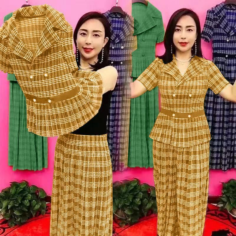Đơn / bộ đồ kẻ sọc phù hợp với phụ nữ cỡ lớn áo cánh rộng giảm tuổi tác quần ống hai mảnhA