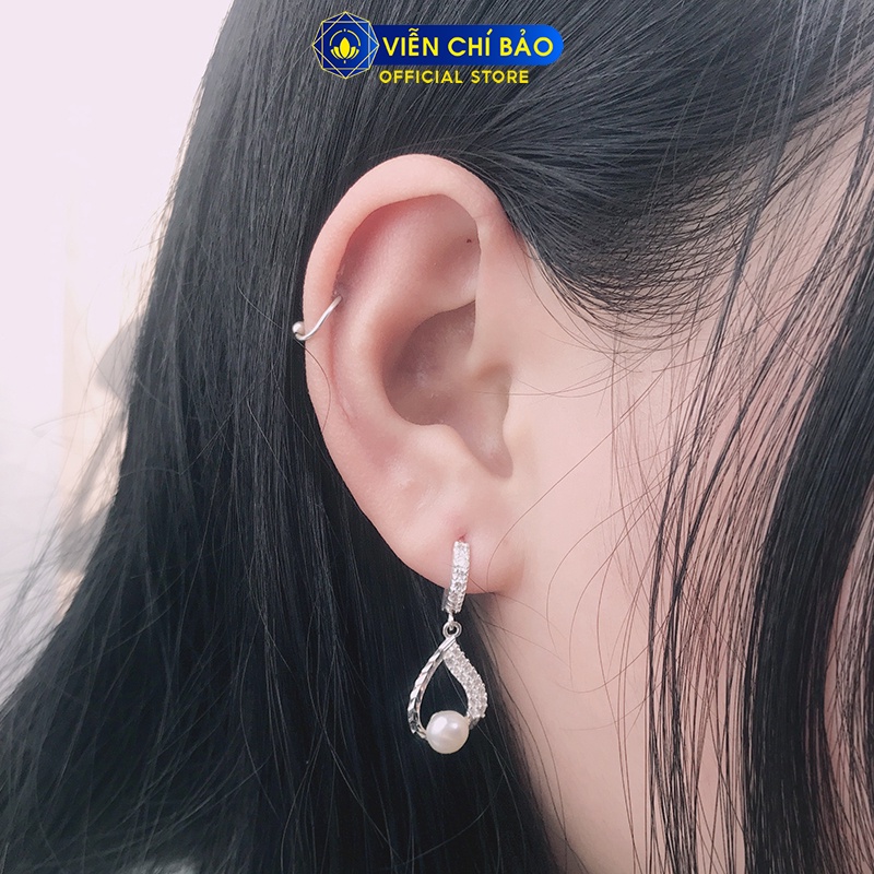 Bông bạc nữ Trái châu giọt nước khóa tròn đính đá bạc 925 thời trang phụ kiện trang sức nữ Viễn Chí Bảo B400292x