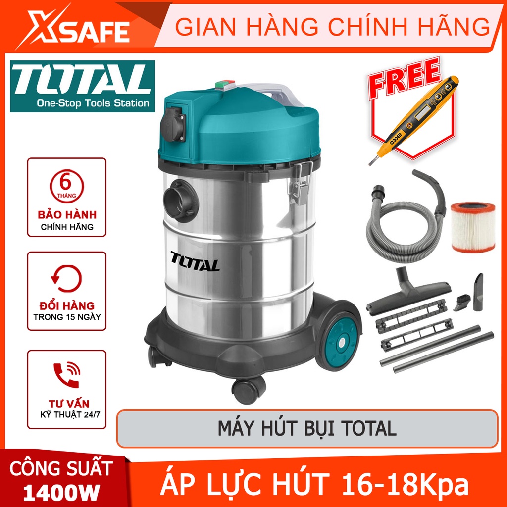 Máy hút bụi TOTAL TVC14301 1400W hút bụi khô và ướt, dung tích 30L, bình chứa thép không gỉ, dây cáp nguồn 2.3m - XSAFE