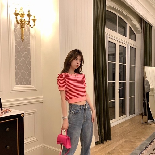 Áo dệt kim ZHELIHANGFEI tay ngắn họa tiết kẻ sọc thời trang cho nữ