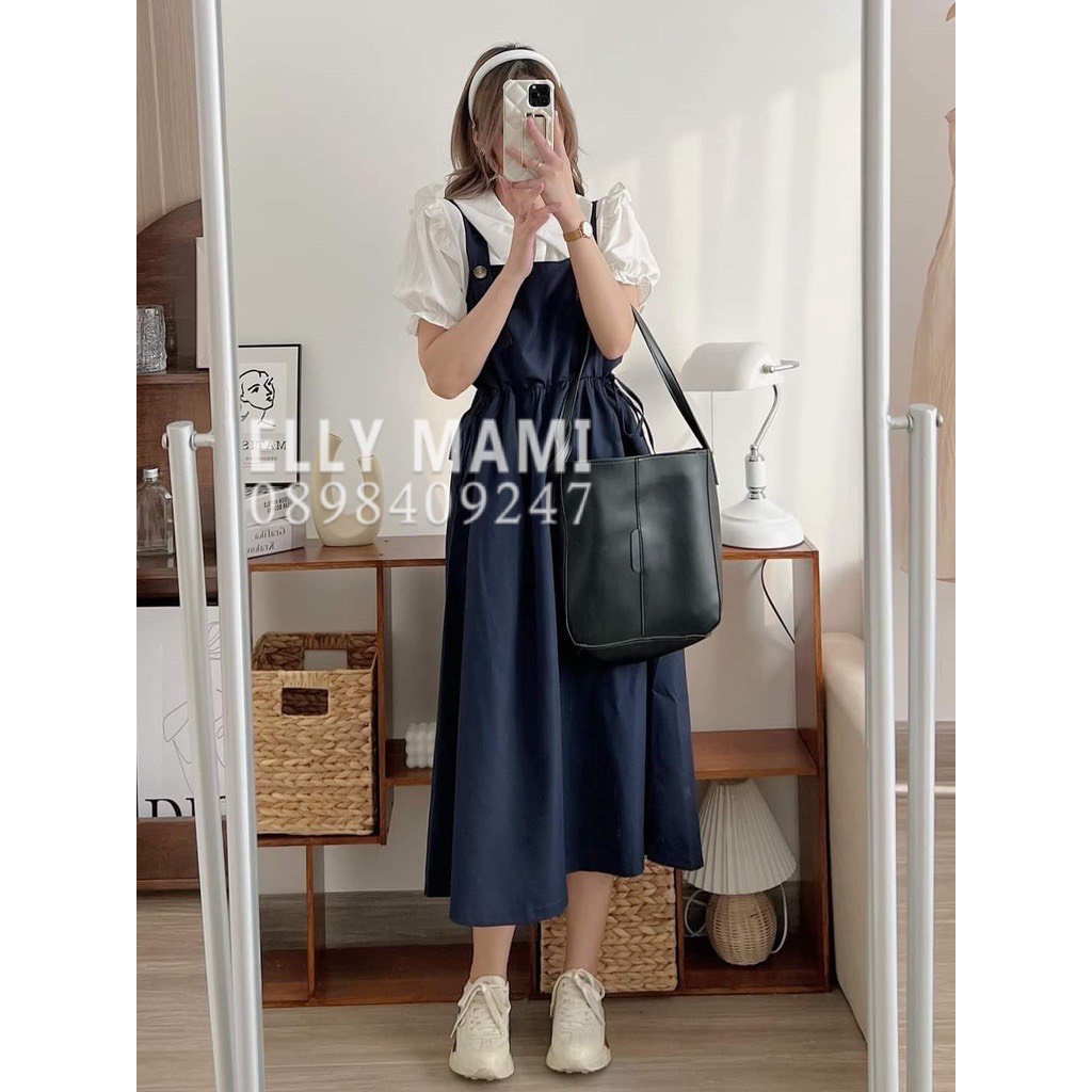 ( 40kg - 85kg ) Set Yếm Bầu , Suông Cúc Sơmi Tay Phồng From Dễ Mặc Thoải Mái Suốt Thai Kì &amp; Sau Sinh ( Yếm + Áo )