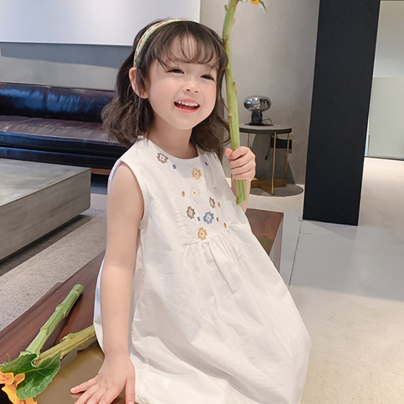 Đầm Chữ A Không Tay Thêu Họa Tiết Dễ Thương Thời Trang Đi Biển Mùa Hè Cho Bé Gái