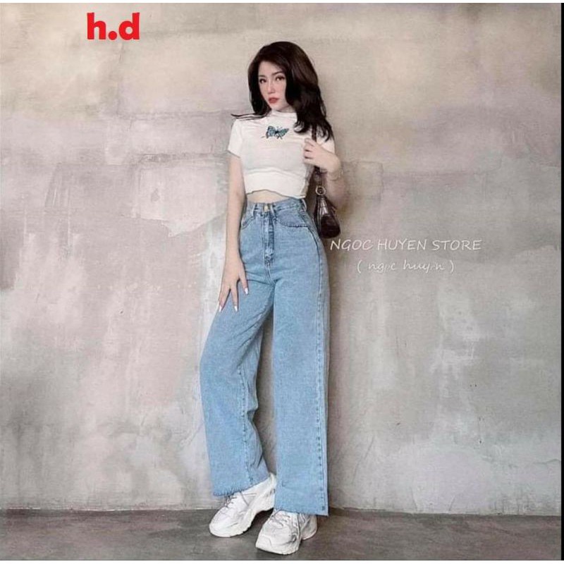 Sét đồ nữ sét trang phục bộ nữ áo croptop Bodip Bướm xanh + quần  Jeans ống rộng unisex form thụng tay