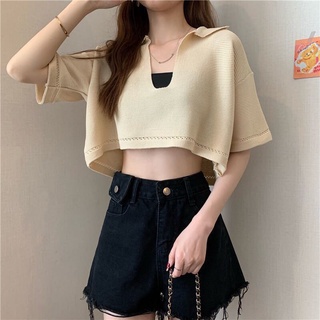 💥Áo len croptop cộc tay cổ bẻ dáng thụng