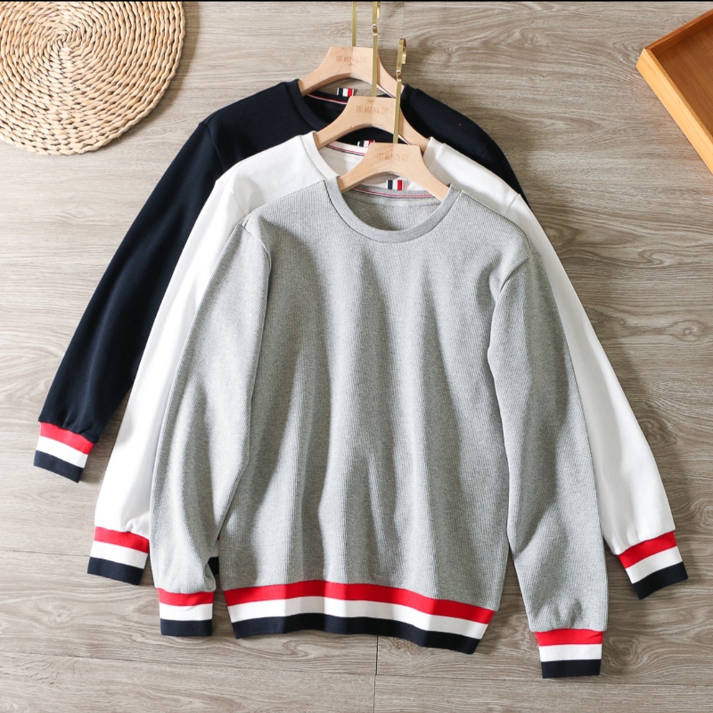 Áo Sweter Sọc Trắng Đỏ Gấu Áo ❤ Áo Nỉ Cotton Dày Dặn Nam Nữ NVA152
