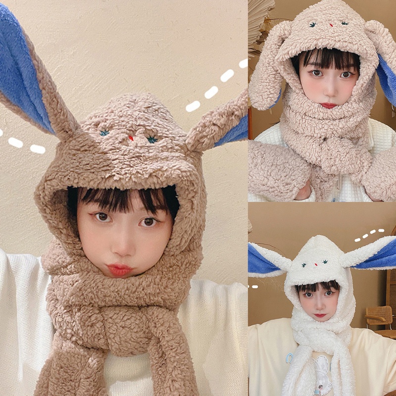 Set Mũ Khăn Choàng Cổ Tai Thỏ Kèm Găng Tay Giữ Ấm Mùa Đông
