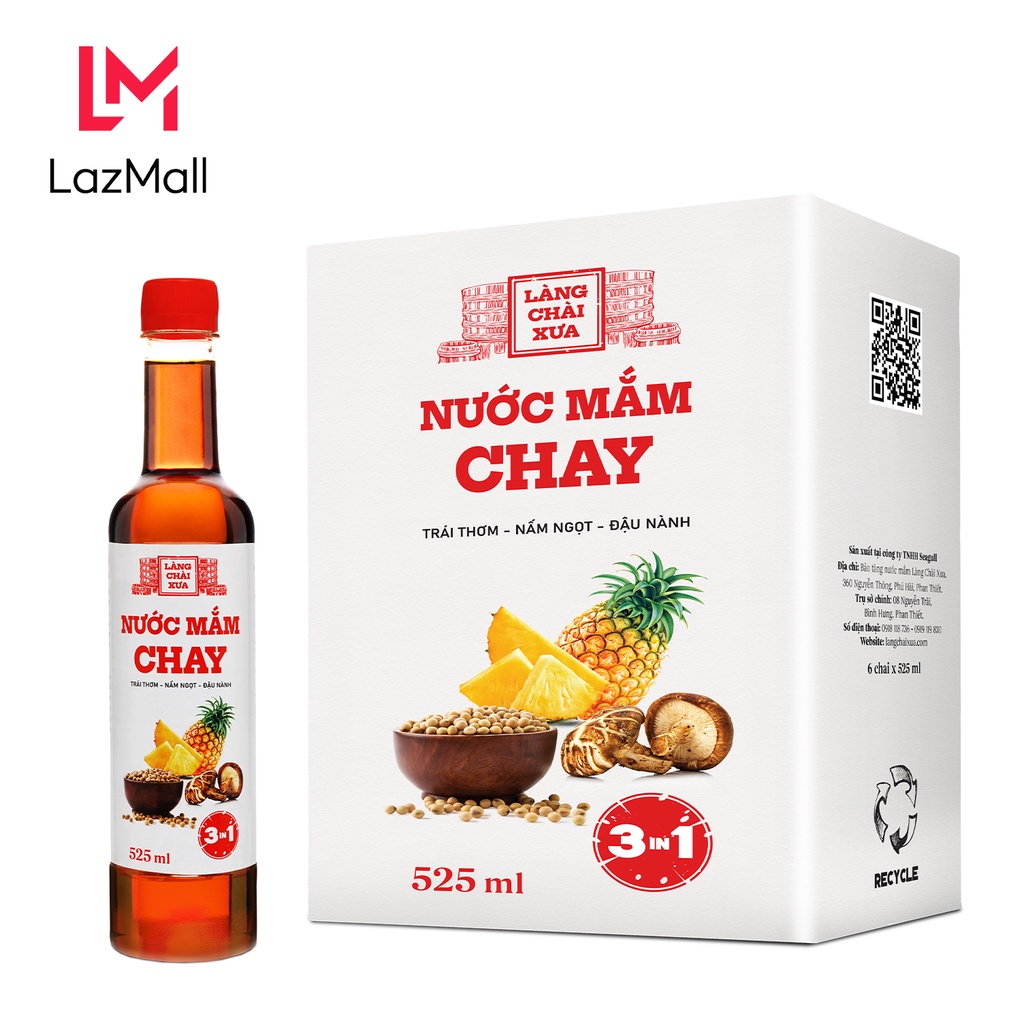 Thùng 6 chai nước mắm CHAY 3 trong 1 Làng Chài Xưa 525ml trái thơm nấm ngọt đậu nành 300 năm truyền thống