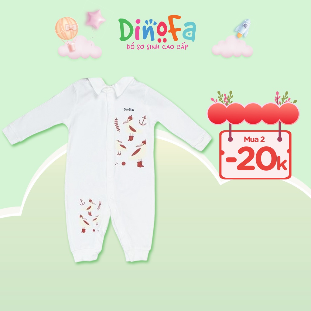 Jumpsuit cho bé 0-9m màu trắng, Bodysuit dài tay cho bé 100% cotton, quần áo sơ sinh họa tiết con cò, cúc giữa_J04-J06