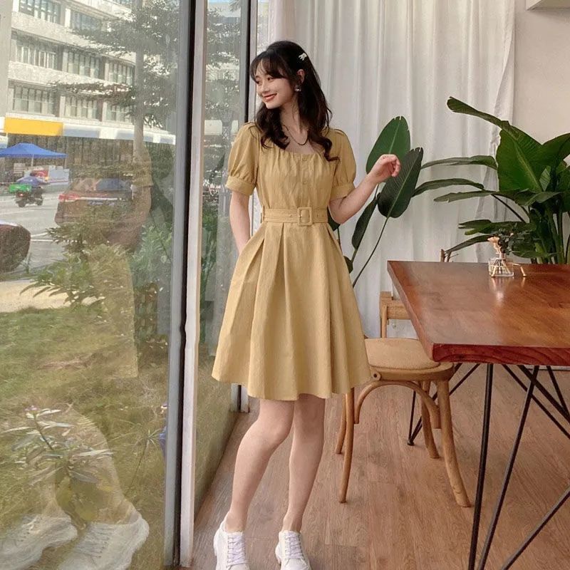 Jiashucheng Đầm Tay Ngắn Cổ Vuông Dáng Ôm Phối Thắt Lưng Kiểu Pháp Ngọt Ngào Cho Nữ