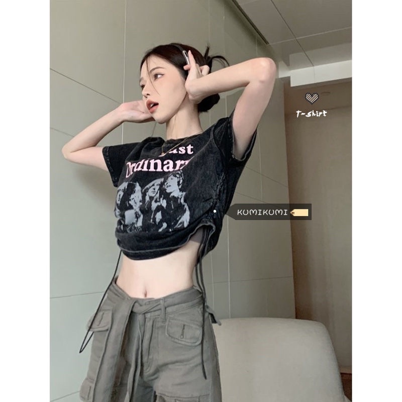 Áo Croptop Màu Đen Phối Dây Rút Phong Cách Ullzang