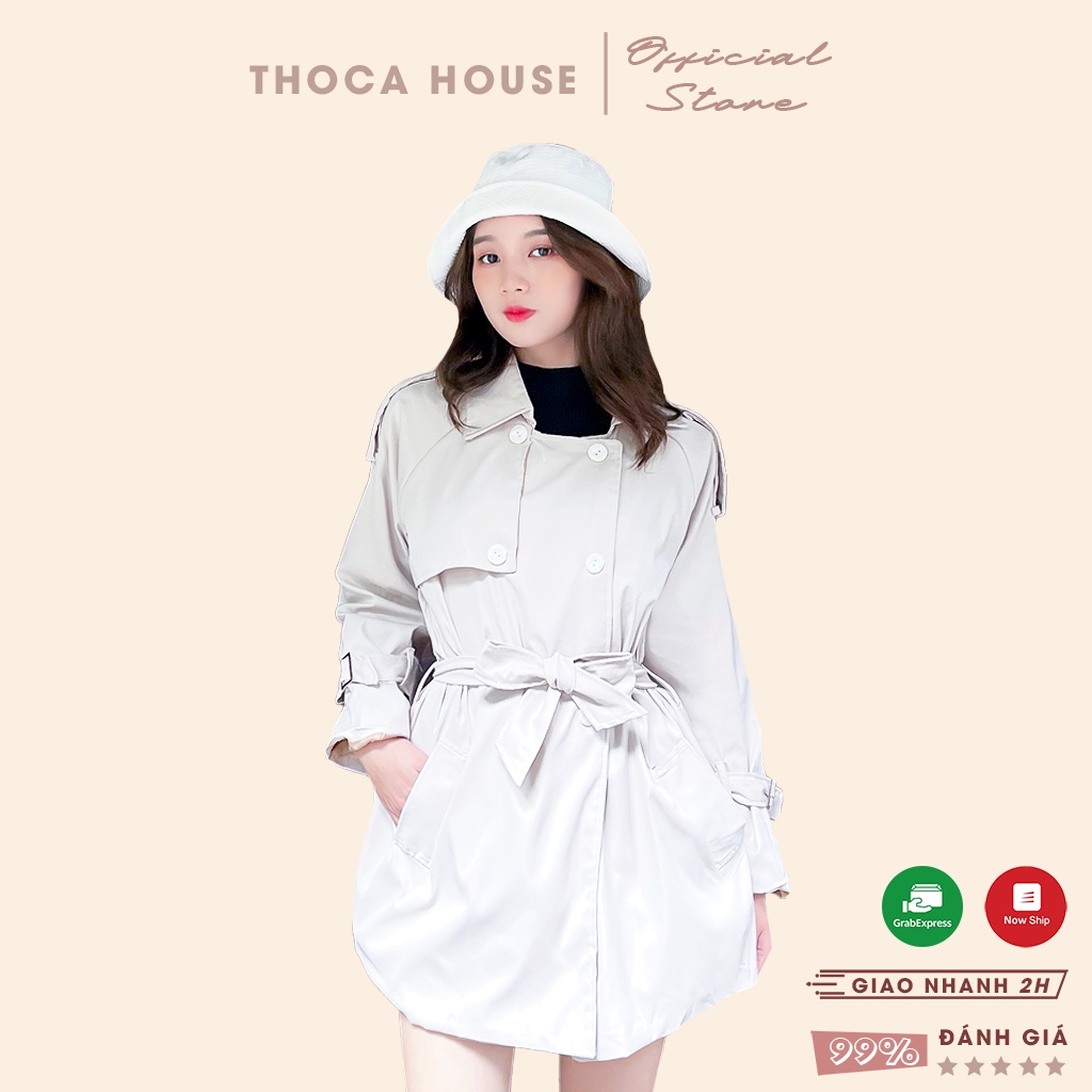 Áo khoác măng tô nữ thu đông 4 nút có dây thắt eo trơn màu THOCA HOUSE phong cách Hàn Quốc thời thượng