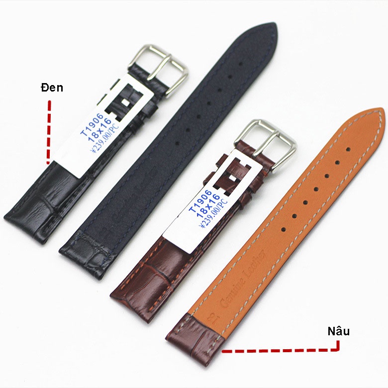 Dây da đồng hồ da đeo tay, da bò mặt cật RATE T1906 10 12 14 16 18 20 22mm