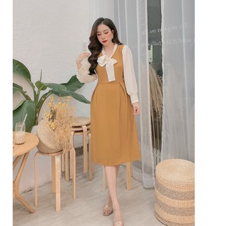 vay suông dài tay phối nơ cổ dáng xòe chất đẹp 2 màu