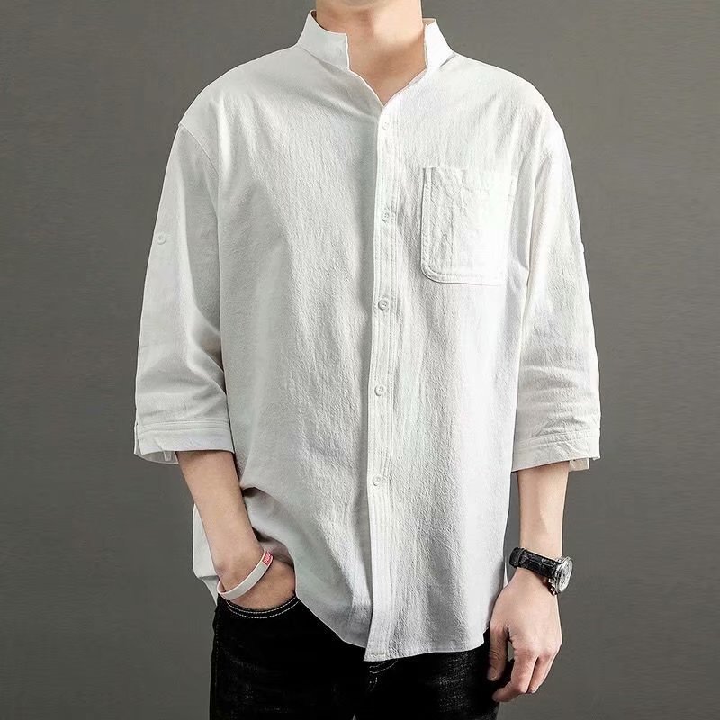 Áo Sơ Mi cotton Lanh Tay Ngắn Cổ Đứng Dáng Rộng Phong Cách Hàn Quốc Thời Trang Cho Nam
