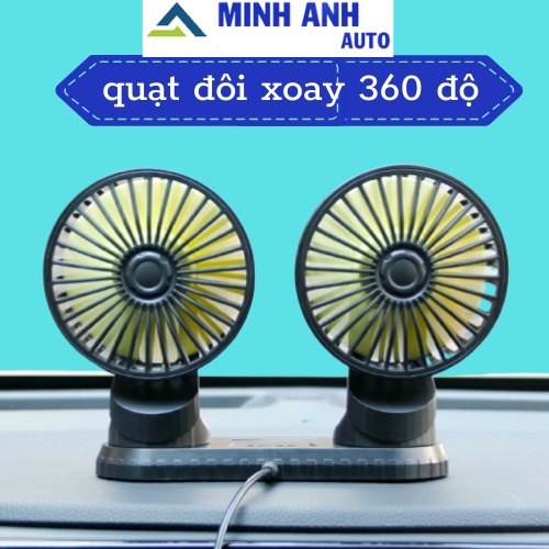 Quạt máy đôi mini 12v, 24v xoay 360 tiện ích trên ô tô, xe hơi cao cấp